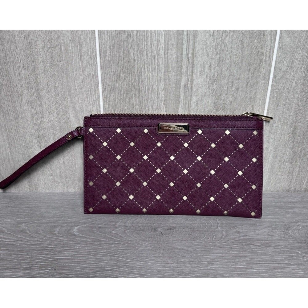Michael Kors Burgundy Saffiano Leather Jamey Diamond Cutout Gold Tone Wristlet
